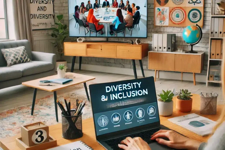 DALL·E 2025-03-09 12.44.59 - A professional home office where a remote worker is fostering inclusion and diversity. The workspace includes a laptop displaying a diversity and incl