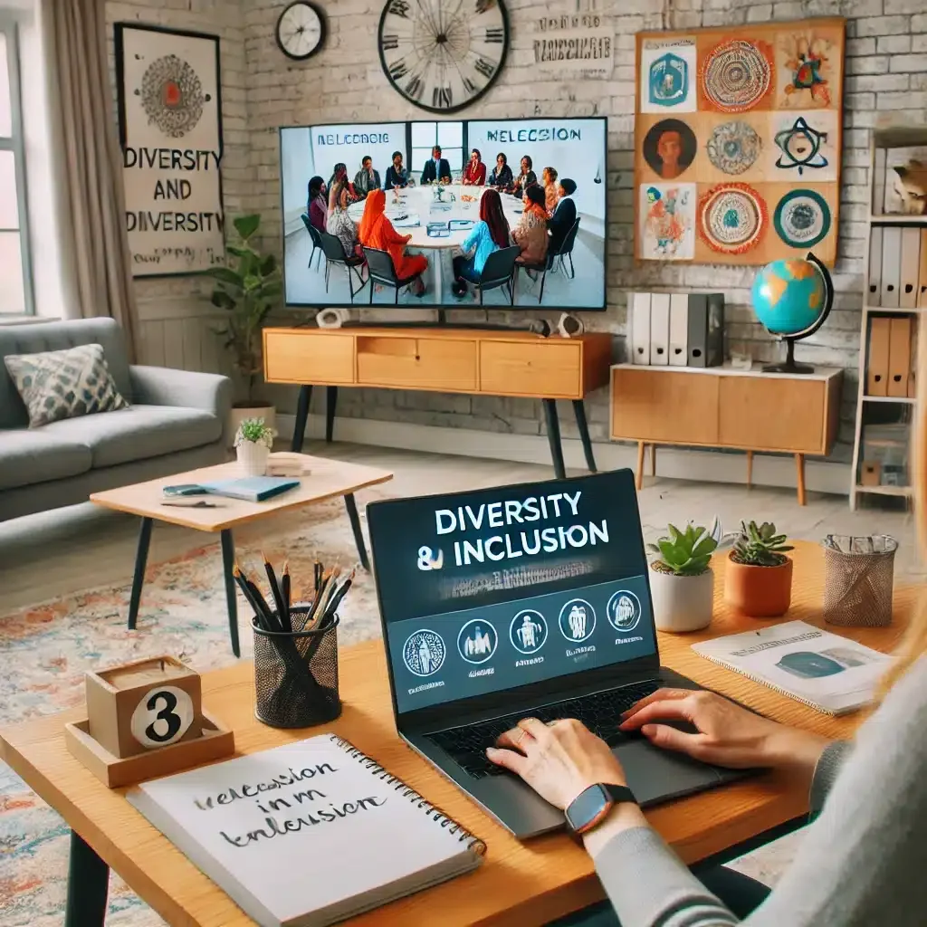 DALL·E 2025-03-09 12.44.59 - A professional home office where a remote worker is fostering inclusion and diversity. The workspace includes a laptop displaying a diversity and incl