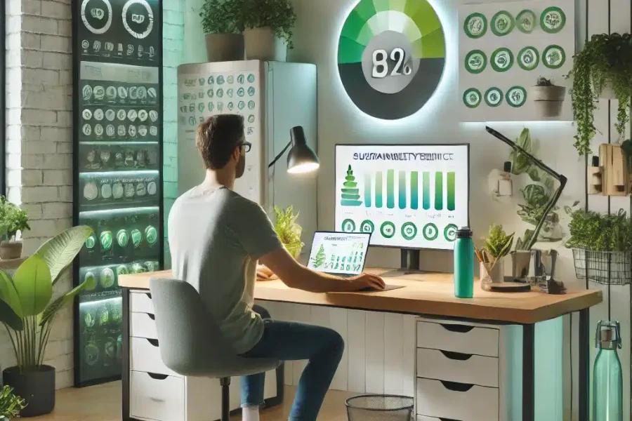 DALL·E 2025-03-09 12.46.01 - A sustainable home office where a remote worker is practicing eco-friendly habits. The workspace includes energy-efficient lighting, a laptop with a s