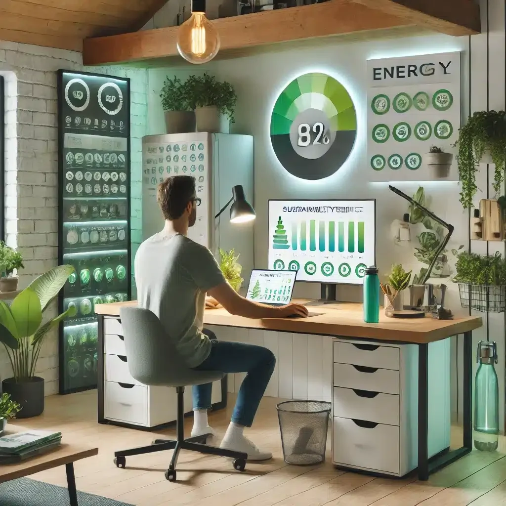 DALL·E 2025-03-09 12.46.01 - A sustainable home office where a remote worker is practicing eco-friendly habits. The workspace includes energy-efficient lighting, a laptop with a s