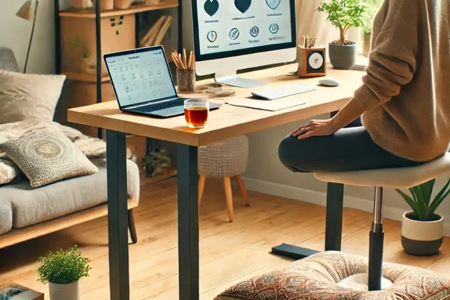 DALL·E 2025-03-09 12.47.17 - A cozy home office where a remote worker is prioritizing well-being and health. The workspace includes a standing desk, a meditation cushion, a laptop