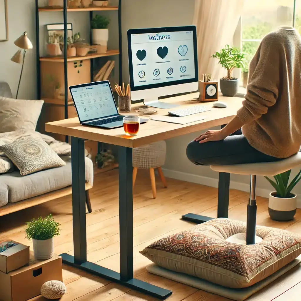 DALL·E 2025-03-09 12.47.17 - A cozy home office where a remote worker is prioritizing well-being and health. The workspace includes a standing desk, a meditation cushion, a laptop