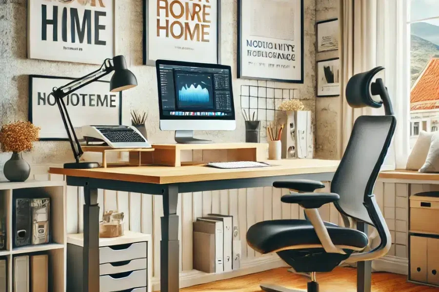 DALL·E 2025-03-09 12.48.24 - A stylish and ergonomic home office where a remote worker has set up an inspiring workspace. The room includes an adjustable desk, an ergonomic chair,