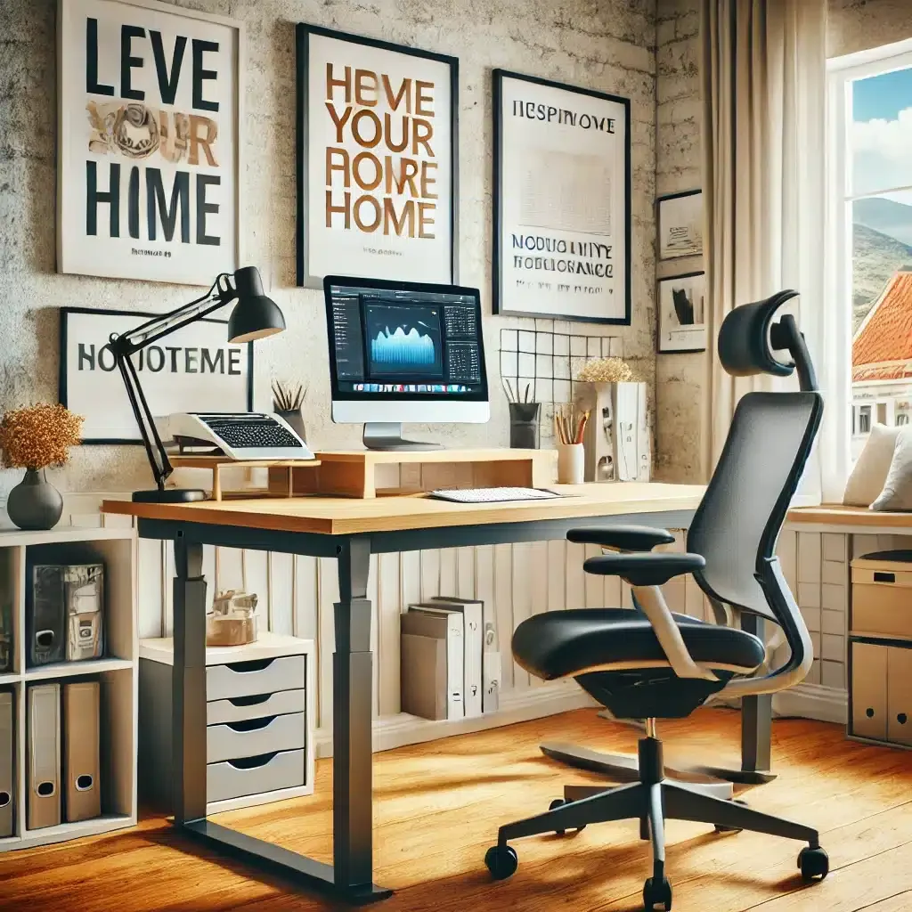 DALL·E 2025-03-09 12.48.24 - A stylish and ergonomic home office where a remote worker has set up an inspiring workspace. The room includes an adjustable desk, an ergonomic chair,