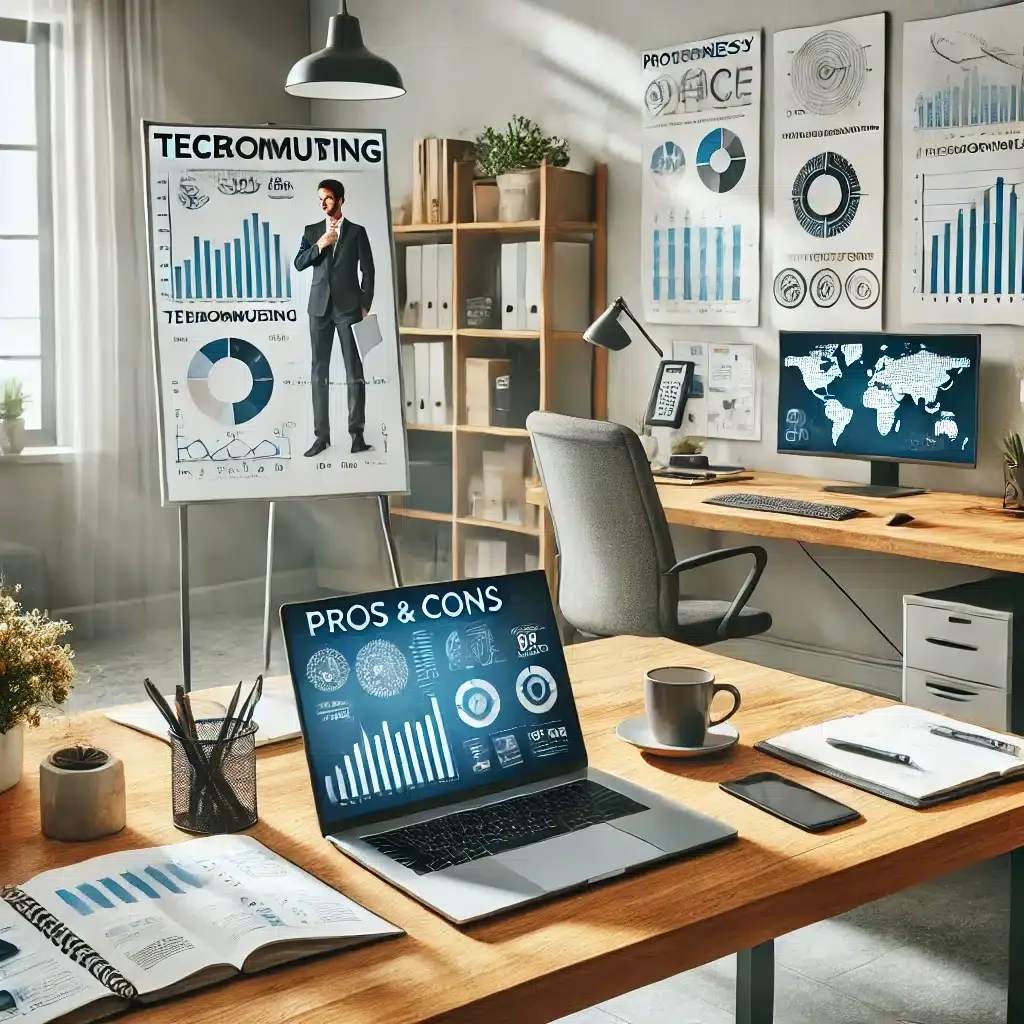 DALL·E 2025-03-09 12.50.37 - A professional home office where a remote worker is analyzing the pros and cons of telecommuting for businesses. The workspace includes a laptop displ