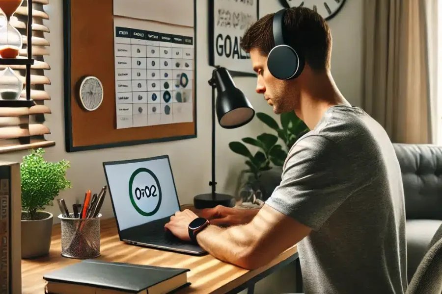 DALL·E 2025-03-09 14.31.57 - A focused home office where a remote worker is practicing concentration techniques. The workspace includes a laptop with a Pomodoro timer, a noise-can