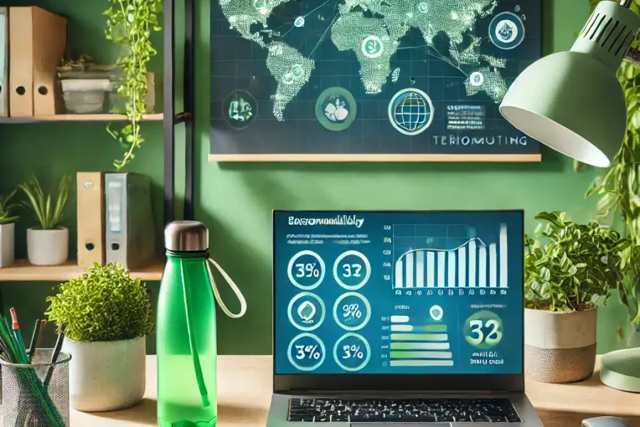 DALL·E 2025-03-09 14.32.59 - A green home office where a remote worker is analyzing the environmental impact of telecommuting. The workspace includes a laptop displaying sustainab