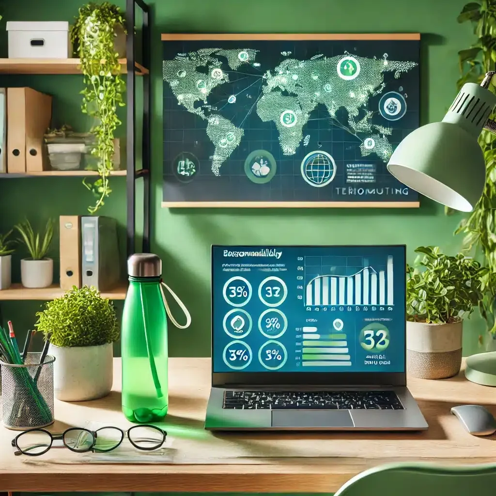DALL·E 2025-03-09 14.32.59 - A green home office where a remote worker is analyzing the environmental impact of telecommuting. The workspace includes a laptop displaying sustainab