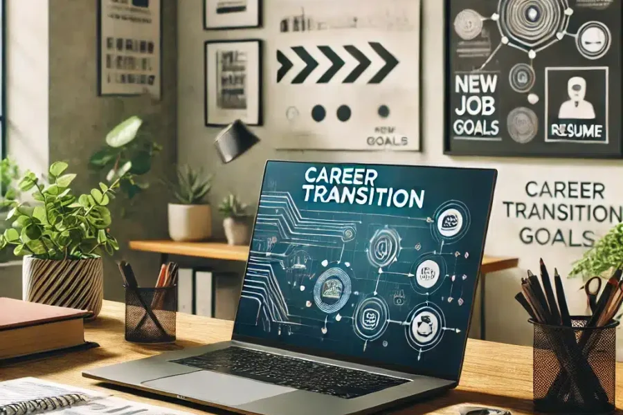 DALL·E 2025-03-09 14.34.33 - A modern home office where a remote worker is planning a career change. The workspace includes a laptop displaying a career transition roadmap, a visi