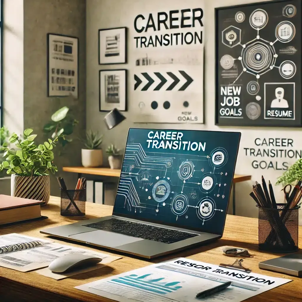 DALL·E 2025-03-09 14.34.33 - A modern home office where a remote worker is planning a career change. The workspace includes a laptop displaying a career transition roadmap, a visi