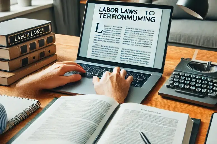 DALL·E 2025-03-09 14.35.46 - A professional home office where a remote worker is reviewing labor laws related to telecommuting. The workspace includes a laptop displaying a legal