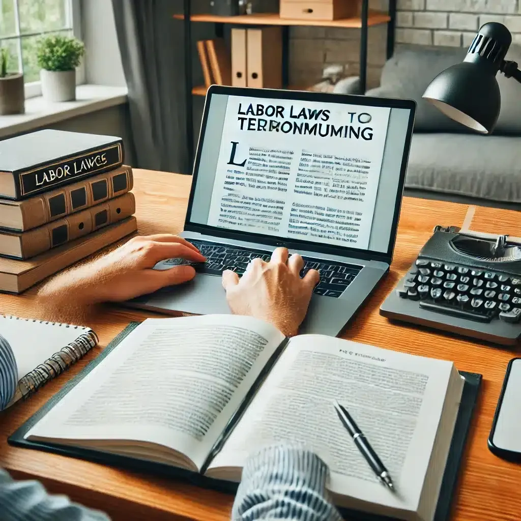 DALL·E 2025-03-09 14.35.46 - A professional home office where a remote worker is reviewing labor laws related to telecommuting. The workspace includes a laptop displaying a legal
