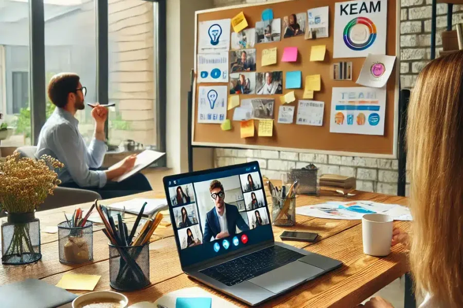 DALL·E 2025-03-09 14.36.51 - A collaborative home office where a remote worker is leading an online brainstorming session to foster innovation. The workspace includes a laptop dis