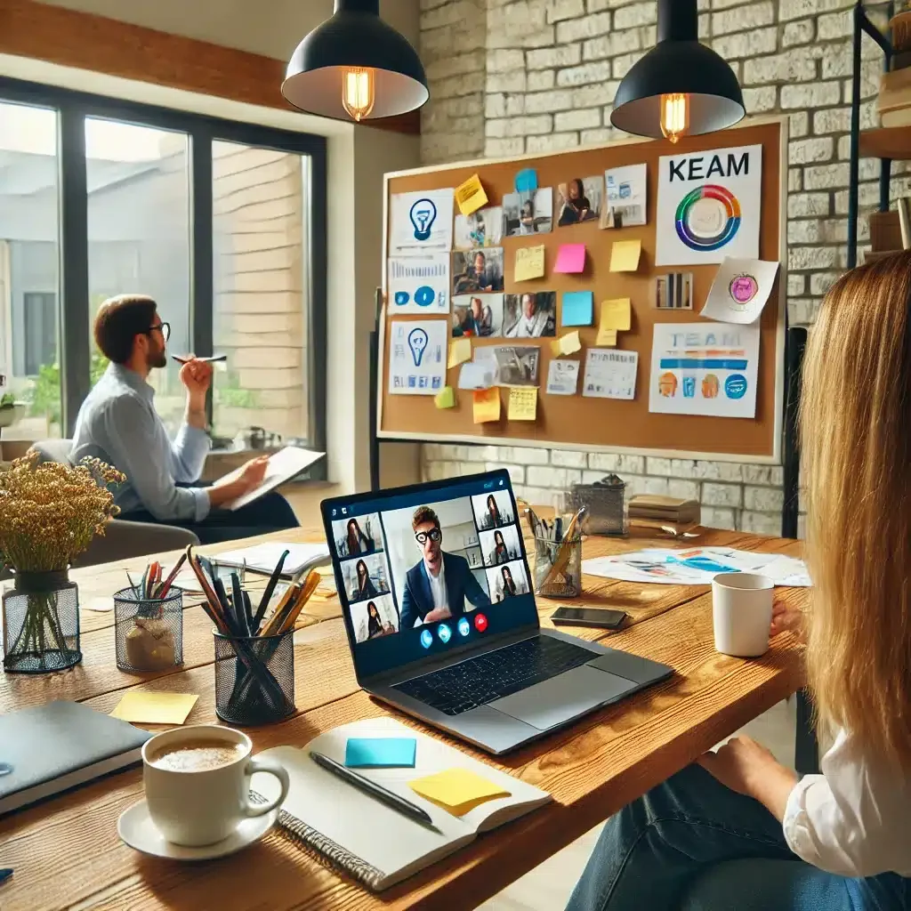 DALL·E 2025-03-09 14.36.51 - A collaborative home office where a remote worker is leading an online brainstorming session to foster innovation. The workspace includes a laptop dis
