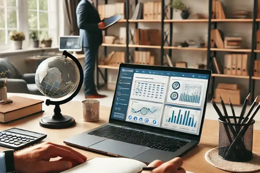 DALL·E 2025-03-09 14.39.30 - A professional home office where a remote worker is engaged in an online training session. The workspace includes a laptop displaying an educational p