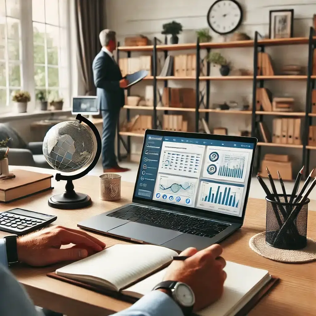 DALL·E 2025-03-09 14.39.30 - A professional home office where a remote worker is engaged in an online training session. The workspace includes a laptop displaying an educational p