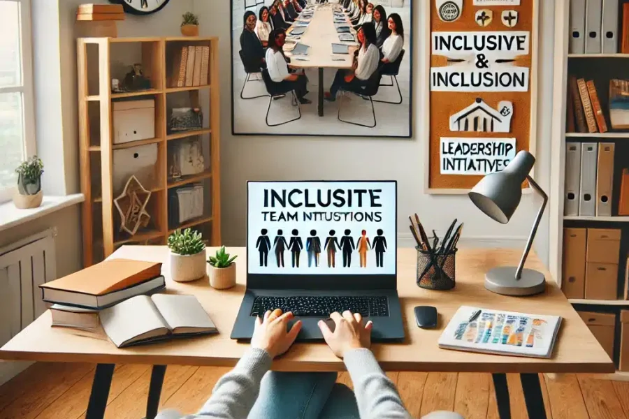 DALL·E 2025-03-09 14.40.50 - A collaborative home office where a remote worker is promoting diversity and inclusion. The workspace includes a laptop displaying an inclusive team m