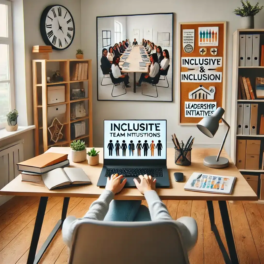 DALL·E 2025-03-09 14.40.50 - A collaborative home office where a remote worker is promoting diversity and inclusion. The workspace includes a laptop displaying an inclusive team m