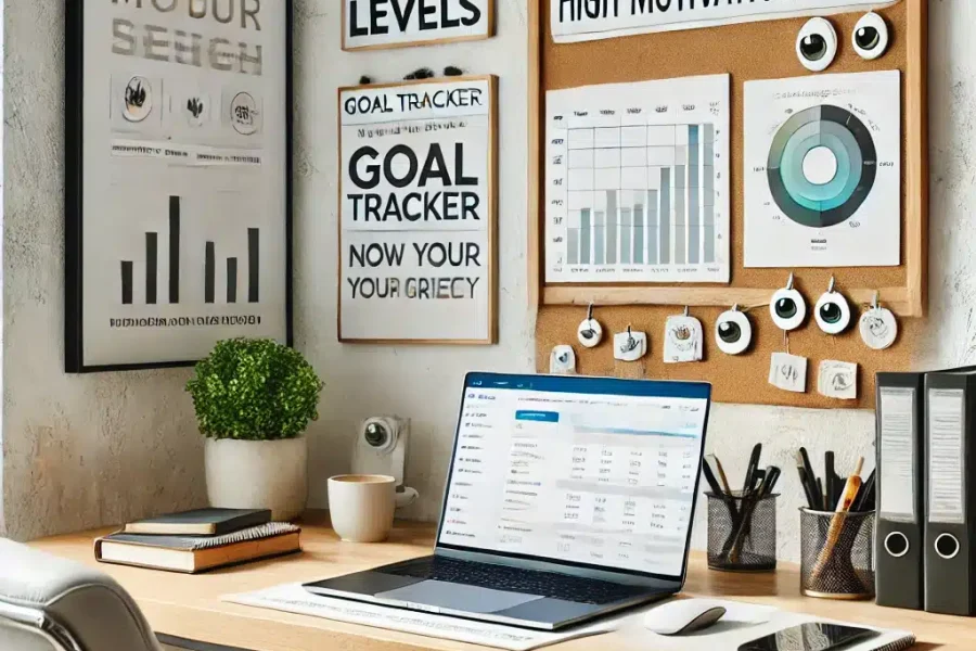 DALL·E 2025-03-09 14.42.21 - A modern home office where a remote worker is maintaining high motivation levels. The workspace includes a laptop with a goal tracker, a motivational