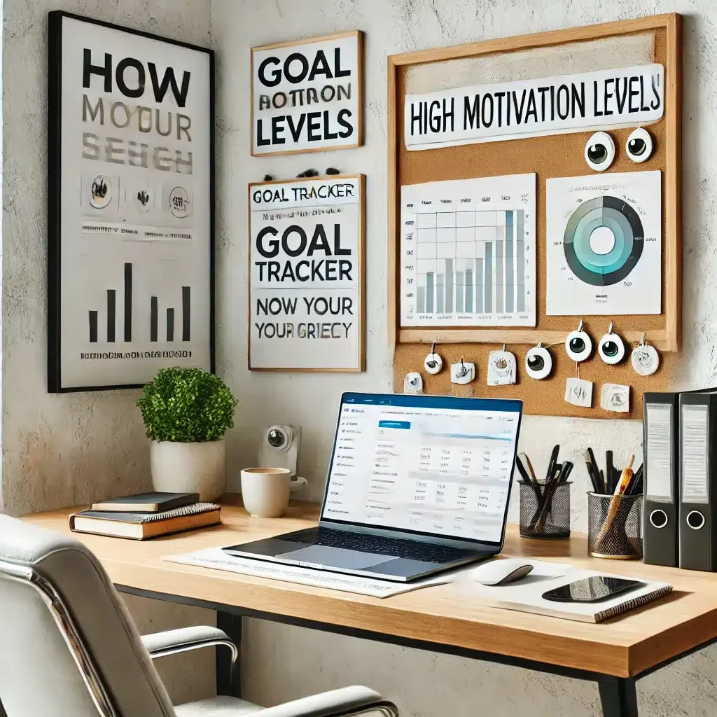 DALL·E 2025-03-09 14.42.21 - A modern home office where a remote worker is maintaining high motivation levels. The workspace includes a laptop with a goal tracker, a motivational