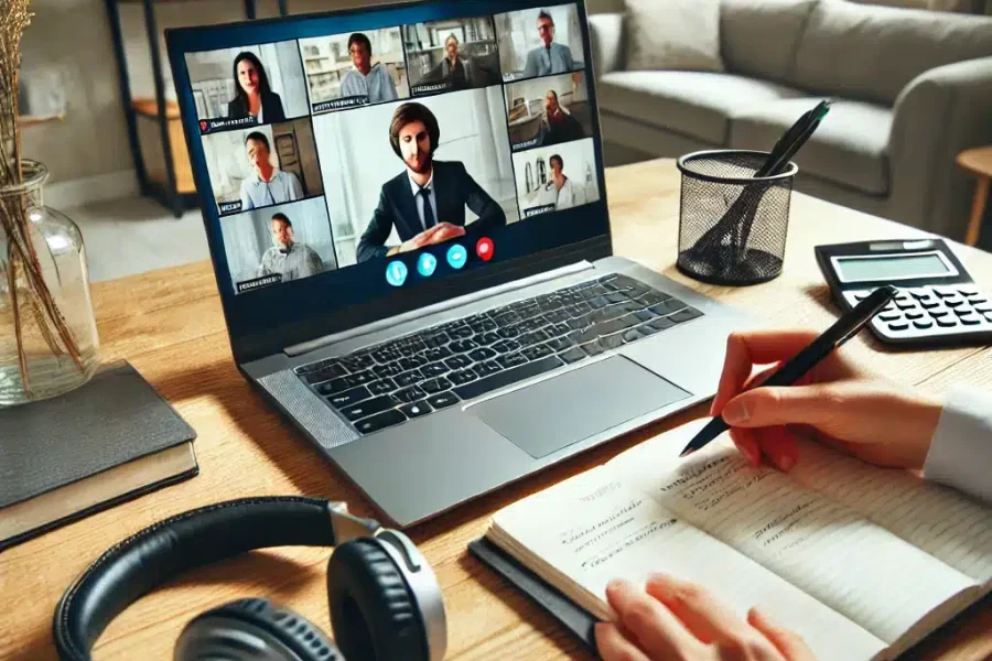 DALL·E 2025-03-09 14.43.44 - A professional home office where a remote worker is effectively communicating in a virtual team. The workspace includes a laptop with an ongoing video