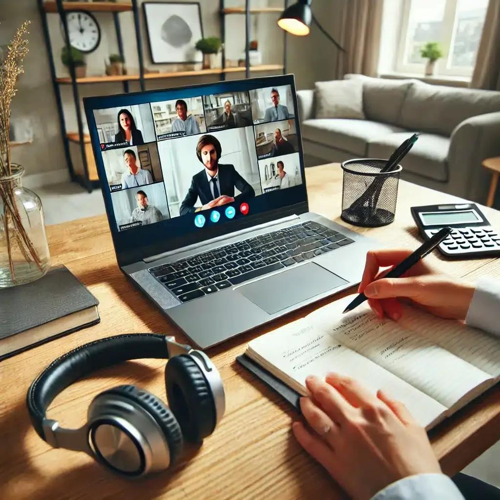 DALL·E 2025-03-09 14.43.44 - A professional home office where a remote worker is effectively communicating in a virtual team. The workspace includes a laptop with an ongoing video