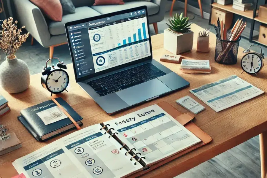 DALL·E 2025-03-09 14.46.03 - A modern home office where a remote worker is successfully balancing professional and personal life. The workspace includes a laptop displaying a time