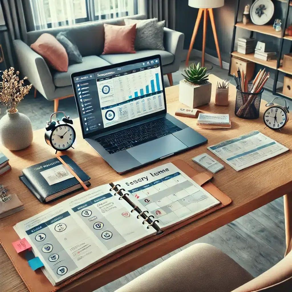 DALL·E 2025-03-09 14.46.03 - A modern home office where a remote worker is successfully balancing professional and personal life. The workspace includes a laptop displaying a time