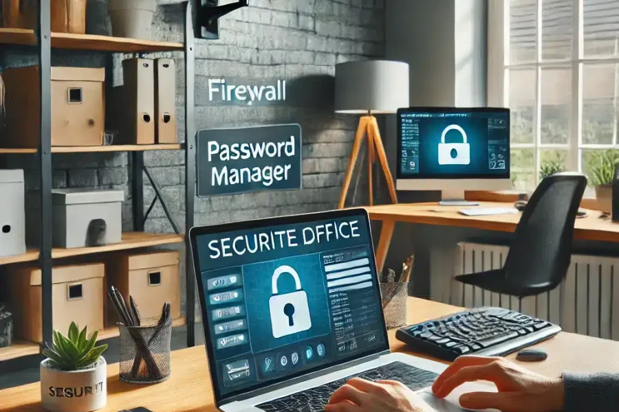 DALL·E 2025-03-09 14.46.48 - A secure home office where a remote worker is protecting sensitive data. The workspace includes a laptop with an active firewall, a password manager o