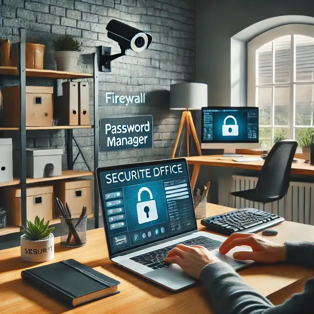 DALL·E 2025-03-09 14.46.48 - A secure home office where a remote worker is protecting sensitive data. The workspace includes a laptop with an active firewall, a password manager o