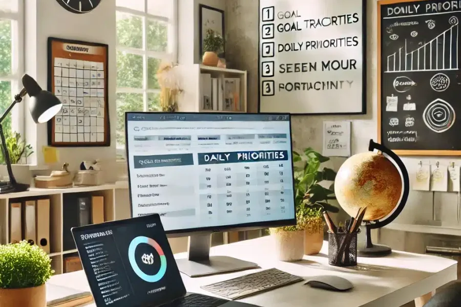 DALL·E 2025-03-09 14.49.18 - A modern home office where a remote worker is using productivity techniques to stay motivated. The workspace includes a laptop displaying a goal track