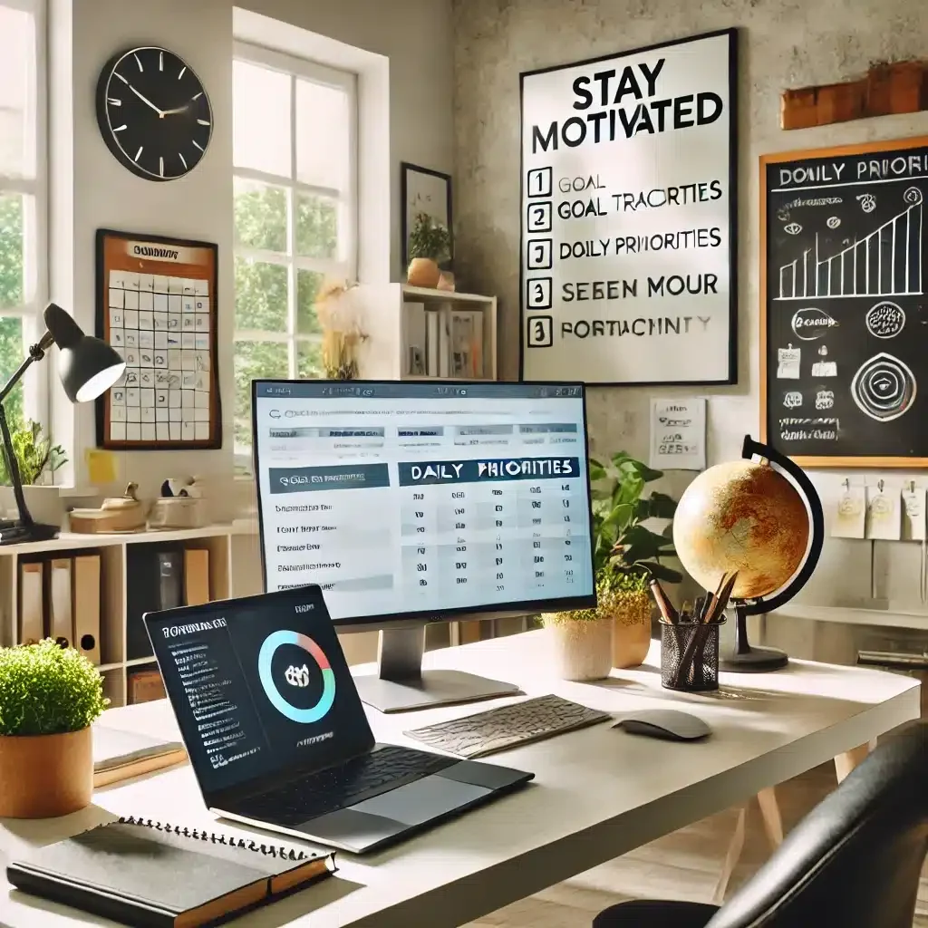 DALL·E 2025-03-09 14.49.18 - A modern home office where a remote worker is using productivity techniques to stay motivated. The workspace includes a laptop displaying a goal track