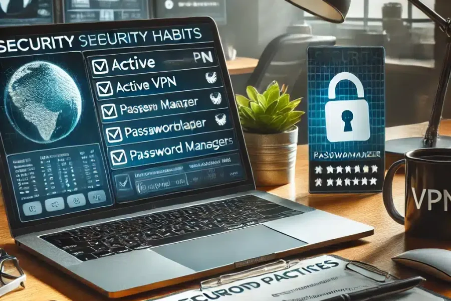 DALL·E 2025-03-09 14.50.23 - A secure home office where a remote worker is practicing cybersecurity habits. The workspace includes a laptop with an active VPN, a password manager