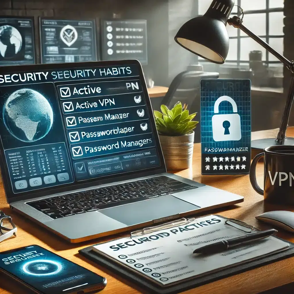 DALL·E 2025-03-09 14.50.23 - A secure home office where a remote worker is practicing cybersecurity habits. The workspace includes a laptop with an active VPN, a password manager