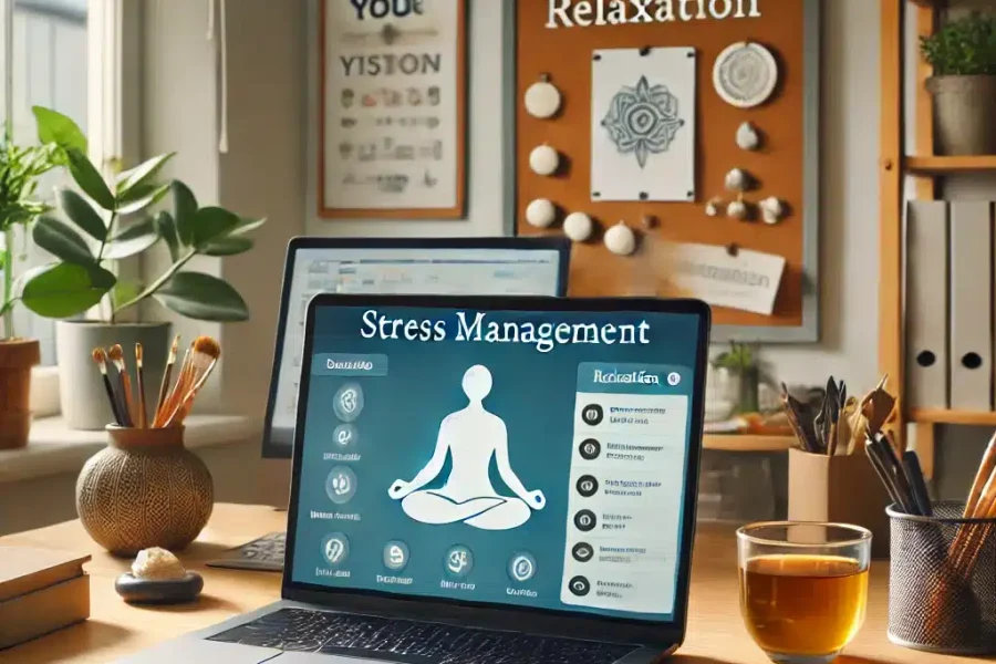 DALL·E 2025-03-09 14.51.18 - A calm and organized home office where a remote worker is practicing stress management. The workspace includes a laptop displaying a meditation app, a