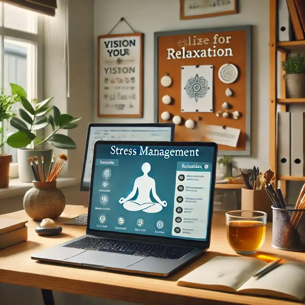 DALL·E 2025-03-09 14.51.18 - A calm and organized home office where a remote worker is practicing stress management. The workspace includes a laptop displaying a meditation app, a