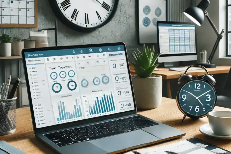 DALL·E 2025-03-09 14.52.20 - A productive home office where a remote worker is efficiently managing time. The workspace includes a laptop displaying a time-tracking app, a planner