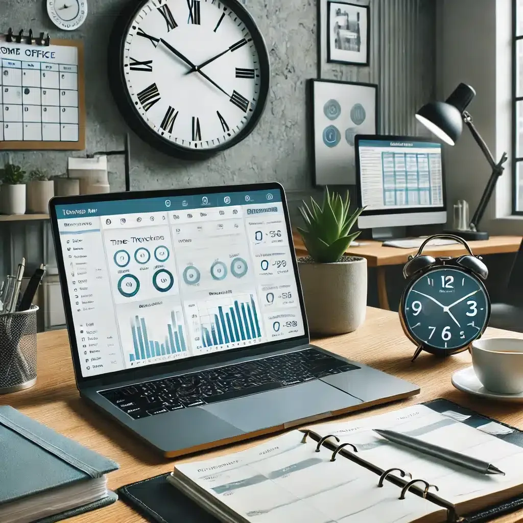 DALL·E 2025-03-09 14.52.20 - A productive home office where a remote worker is efficiently managing time. The workspace includes a laptop displaying a time-tracking app, a planner