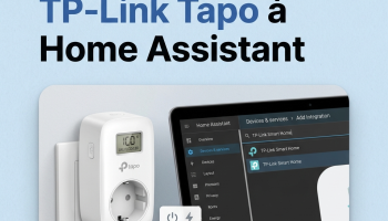 Prise connectée TP-Link Tapo branchée sur une prise murale, avec l'intégration "TP-Link Smart Home" affichée dans Home Assistant sur tablette