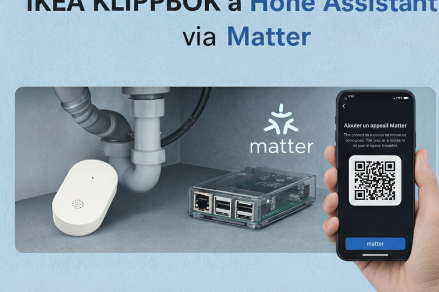 Installation d'un détecteur de fuite IKEA Matter avec Home Assistant : placement sous l'évier et appairage par QR code