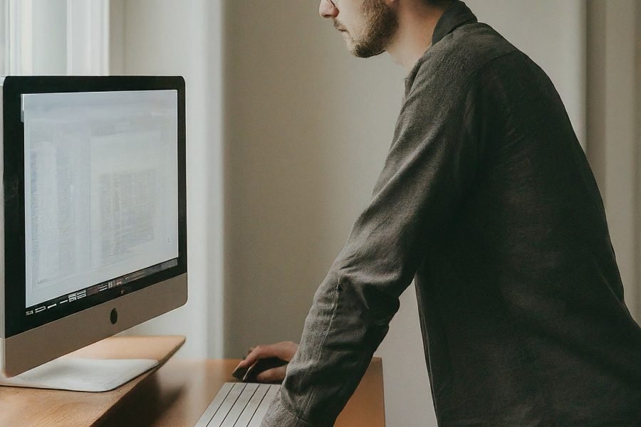 personne debout devant un bureau